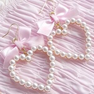 Faux Pearl Heart Earrings with Pink Bow